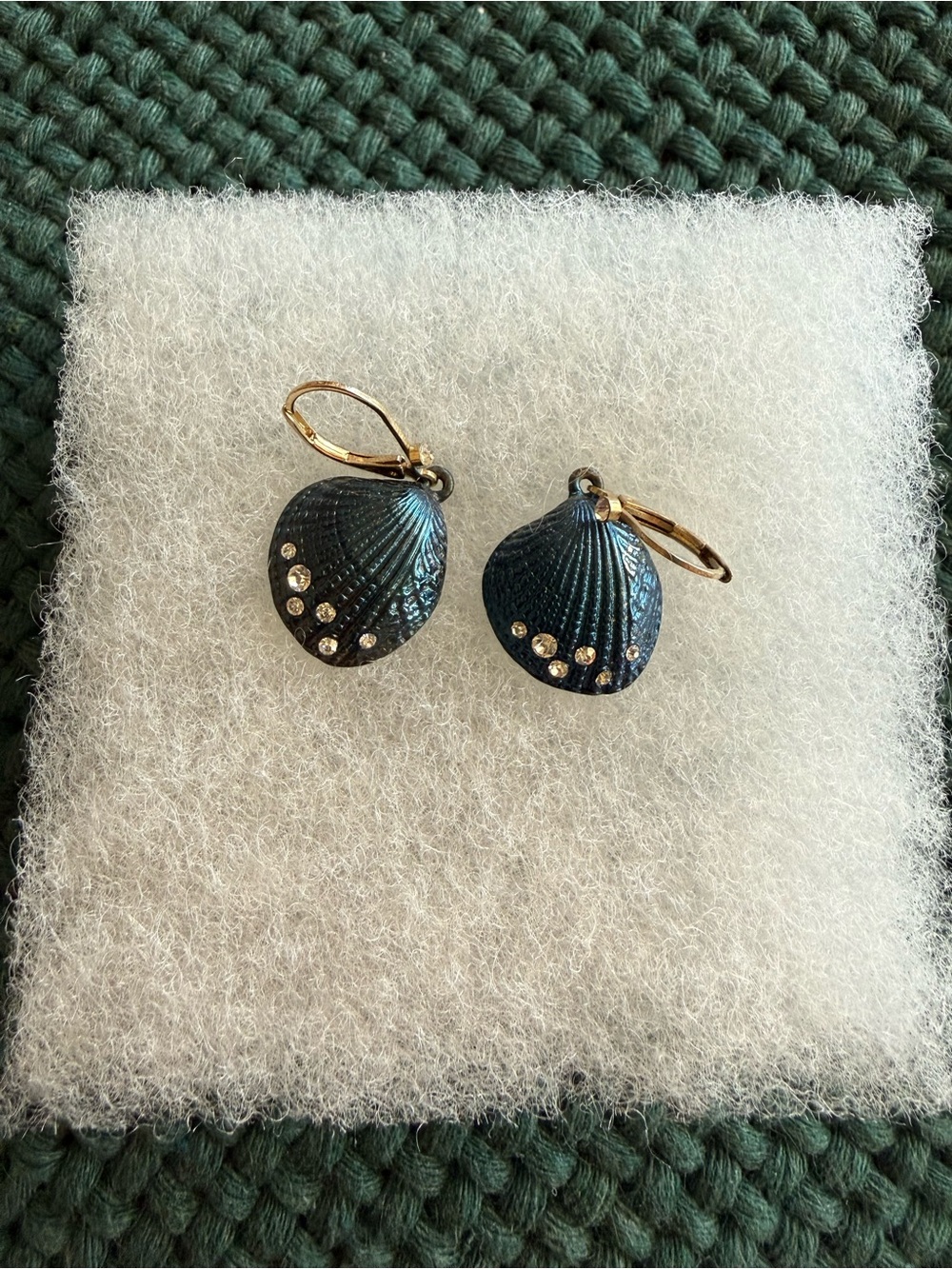 Dark Teal Shell Drop Earrings with Gold Accents - Picture 5 of 8